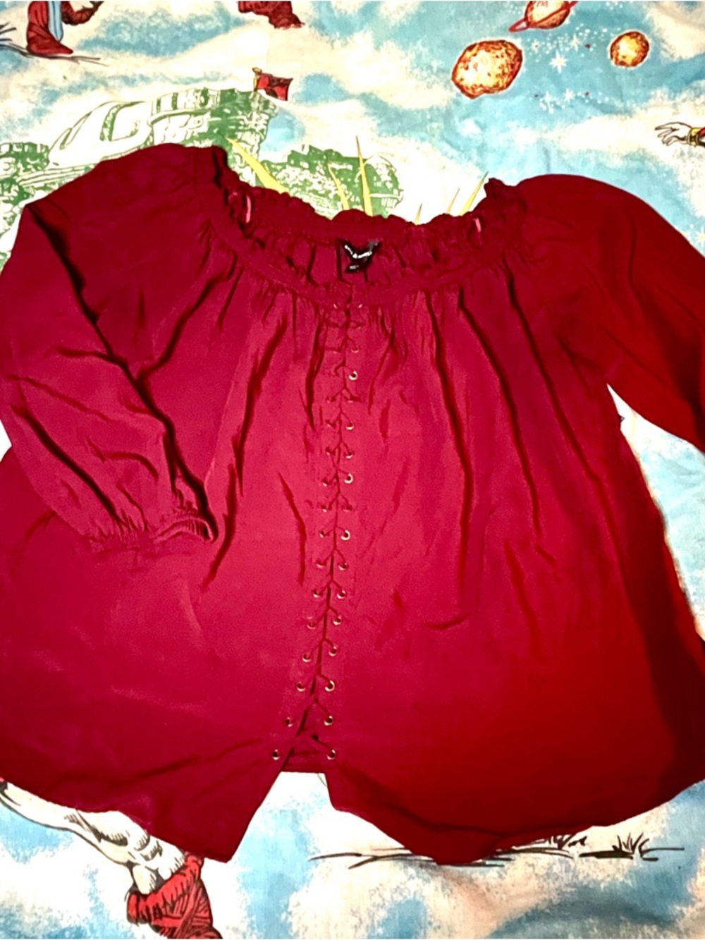 Rock & Republic Burgandy Lace-Up Peasant Blouse